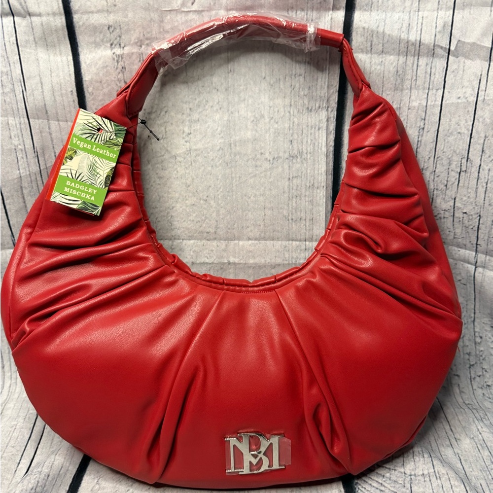 Badgley Mischka Red Hobo Bag with Ruched Detailing
